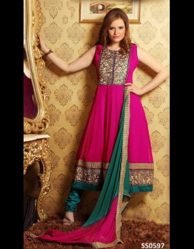 Pink & Green Color Churidar Kameez